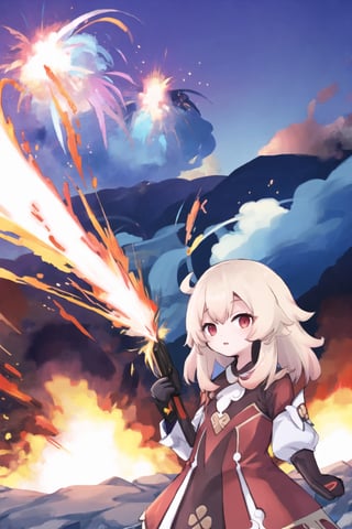 Klee from genshin impact, hd, HDR, UHD, 4k, 2k, 6k, 8k, ultra HD, high graphics, 1girl, best graphics, highest quality, best quality, ultra quality, outside, explosion, explosion in background