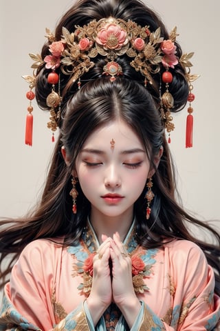1girl,Sweet,Kawaii,Looks at viewer, A Chinese ancient beauty is praying, with hands clasped together, eyes closed in silence, wearing a solemn yet beautiful expression, White Background,portrait