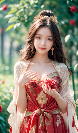 Masterpiece in UHD, with sharp details. Style inspired by traditional Chinese painting, in an artistic fusion of portrait and nature. | A beautiful Chinese woman is elegantly dressed in a traditional red Chinese garment, standing out amidst a lush background filled with red roses. Her dark hair is delicately combed and adorned with golden accessories, while her face reflects serenity and gracefulness. She is in an elegant pose, with her hands lightly raised in a delicate gesture, as if she were appreciating the beauty of the flowers around her. | The composition of the scene enhances the beauty of the woman and the lushness of the roses, with a viewpoint that highlights her figure centralized amidst the sea of flowers. The soft lighting enhances the details of the garment and the woman's face, creating an atmosphere of serenity and elegance. | The light filtered through the rose petals creates an ethereal effect, adding a touch of magic to the scene. The gentle movement of the petals in the wind adds dynamism to the composition, while the intense red tones provide a sense of warmth and passion. | Portrait of a beautiful Chinese woman in a traditional red garment, amidst a stunning backdrop of red roses. | ((smile)), ((perfect_fingers, perfect_hands, better_hands)), ((More Detail)),