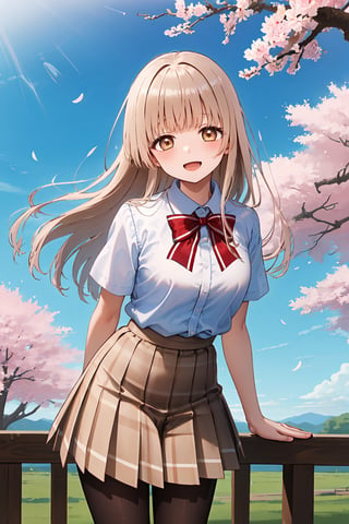 masterpiece, best quality, highres, aamahiru, long hair, red bowtie, white shirt, short sleeves, plaid skirt, brown skirt, pantyhose, , standing, cowboy shot, leaning forward, arms behind back, outdoors, cherry blossoms, smile, open mouth.,aamahiru,white shirt,brown skirt