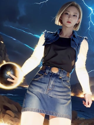 realistic Android_18_DB, standing, photo realistic, shorthair, blond_hair,n0t, masterpiece, ultra realistic, 8K, Android_18_DB, full body, denim skirt, pantyhose, face focus, blond hair, look afar, no gravity, superwoman position,lighting, dramatic ball lightning between hands, thunder rings