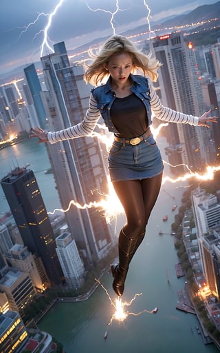 masterpiece, ultra realistic, 8K, Android_18_DB, full body, denim skirt, pantyhose, face focus, blond hair, look afar, top-down view,no gravity, she is weightlessness and flying through the buildings, cityscape, superwoman position,lighting, dramatic ball lightning between hands, thunder rings