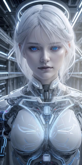 A porcelain cyborg with wispy white hair and skin etched with complex algorithms sits meditating in a hidden network tunnel. Their cybernetic fingers dance across holographic threads, manipulating data streams with ethereal grace. (cinematic, mystical, detailed)
,porcelain_art,photorealistic,Masterpiece