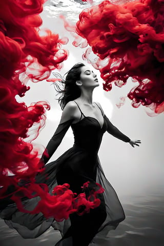 photography, a beautiful woman with dark hair in black and white is surrounded by red ink that flows like smoke. She has her head tilted back as she floats underwater, creating an ethereal atmosphere. Her face reflects intense emotions of pain or sadness, adding to his mysterious allure. Open eyes 