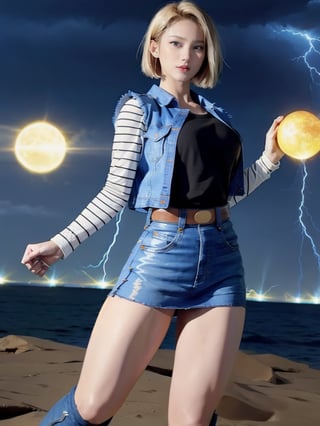 realistic Android_18_DB, standing, photo realistic, shorthair, blond_hair,n0t, masterpiece, ultra realistic, 8K, Android_18_DB, full body, denim skirt, pantyhose, face focus, blond hair, look afar, no gravity, superwoman position,lighting, lightning release in hand, thunder rings