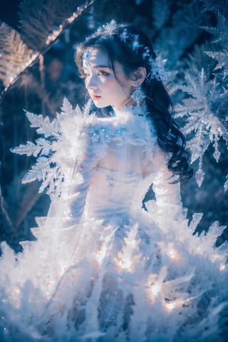 masterpiece, best quality, 1 girl, solo, milky white skin,  ,wrenchfaeflare,  rgb light, crystal splash, fantasy,r1ge,huoshen,snow_crystal_background