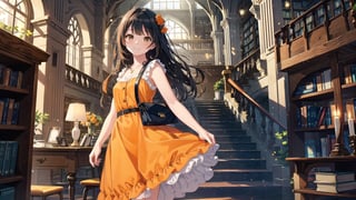 masterpiece, best quality, high quality,extremely detailed CG unity 8k wallpaper, extremely detailed, High Detail, 

(1girl, solo), long hair, looking at viewer, smile, bangs, black hair, brown eyes, standing, sleeveless, indoors, blunt bangs, bag, sleeveless dress, handbag, realistic, dress, (orange dress), in the library, library