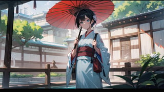 A stunning masterpiece! In this breathtaking 8K wallpaper, a beautiful young woman with luscious black hair is set against the backdrop of majestic East Asian architecture. She wears a vibrant white kimono and holds a striking red umbrella, its intricately designed handle grasped firmly in her hand. A stylish bag hangs elegantly from her shoulder, adding a touch of modernity to this traditional setting. The composition is expertly framed, with the subject positioned at the center of the image, surrounded by lush greenery and subtle misty effects, creating an atmosphere of serenity and refinement.,girl
