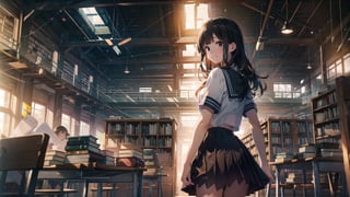 masterpiece, best quality, high quality, extremely detailed CG unity 8k wallpaper,

1girl, solo, long hair, looking at viewer, smile, bangs, skirt, shirt, black hair, holding, school uniform, standing, white shirt, short sleeves, pleated skirt, serafuku, solo focus, looking back, blunt bangs, black eyes, lips, brown skirt, realistic,girl, in the library, library background, school library, 