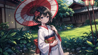 A stunning masterpiece! In this breathtaking 8K wallpaper, a beautiful young woman with luscious black hair is set against the backdrop of majestic East Asian architecture. She wears a vibrant white kimono and holds a striking red umbrella, its intricately designed handle grasped firmly in her hand. A stylish bag hangs elegantly from her shoulder, adding a touch of modernity to this traditional setting. The composition is expertly framed, with the subject positioned at the center of the image, surrounded by lush greenery and subtle misty effects, creating an atmosphere of serenity and refinement.