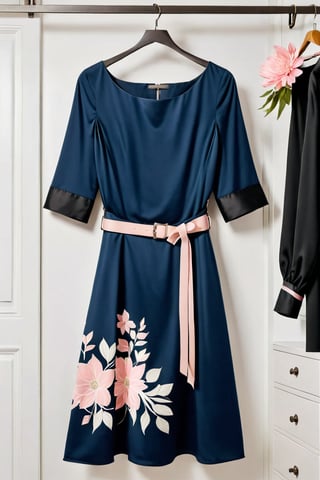 dark blue dress with  sleeves,light pink flowers ,white lines in the dress Black belt on the waist ,the dress hanging in closet