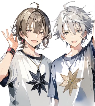 looking at viewer, smile, open mouth, bangs, simple background, brown hair, shirt, white background, hair between eyes, brown eyes, jewelry, white shirt, upper body, ahoge, white hair, short sleeves, :d, grey hair, male focus, earrings, multiple boys, pink eyes, arm up, grey eyes, mole under eye, 3boys, t-shirt, wristband,watercolor