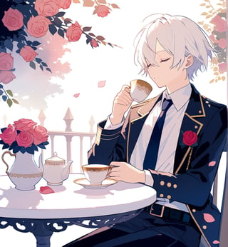 solo, short hair, shirt, 1boy, holding, hair between eyes, sitting, jacket, closed eyes, white shirt, flower, white hair, male focus, outdoors, necktie, belt, cup, petals, rose, chair, table, holding cup, pink flower, teacup, tea, pink rose, blowing