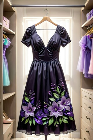long party black dress with small neon purple flower in middle of dress, shine,beautiful decoration,short sleeves, hanging in a closet