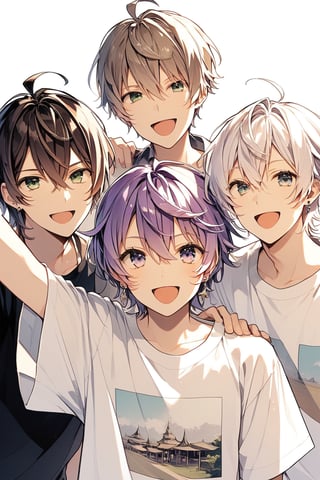 looking at viewer, smile, open mouth, bangs, simple background, brown hair, shirt, white background, hair between eyes, green eyes, white shirt, upper body, ahoge, white hair, short sleeves, :d, purple hair, male focus, earrings, multiple boys, pink eyes, arm up, grey eyes, 3boys, t-shirt, wristband