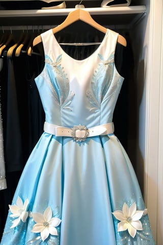 light half light white and half light blue dress with glitter and white belt,white flowers,glitter, sleeveless, the dress Hanging in the closet