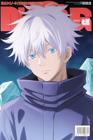 satoru gojo,white hair,short hair,hair between eyes,ice blue eyes,white eyelashes, ,cool ,wear black hoode ,masterpiece,magazine cover,cool,gojo satoru,Color Booster,blue eyes,Colors