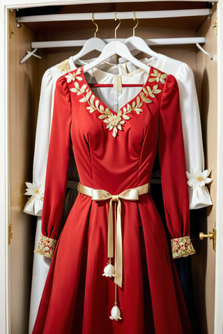A red dress with small  white flower , long  sleeves,Beautiful gold decoration ، handle hanging in a closet