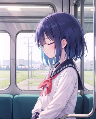 (masterpiece), 1girl, blue purple eyes, dsrk blue hair), medium hair, (bangs:0.7), (shy:0.8), (smile:0.8), (hair_over_one_eye), blue school uniform, (crowd:1.5),in  train interior, side view,smile,closed eyes
