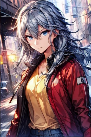 solo, looking at viewer, long hair, bangs,blue eyes, shirt, 1girl, hair between eyes, closed mouth, long gray hair, red jacket, upper body, female focus, open clothes, cool, open jacket, , yellow shirt