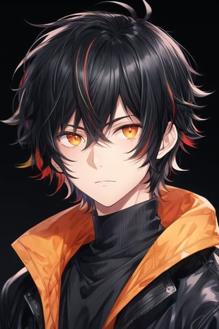 solo, looking at viewer, messy hair, simple background,Orange eyes, 1boy, closed mouth, black hair, jacket, male focus, multicolored hair, turtleneck, black background, portrait
