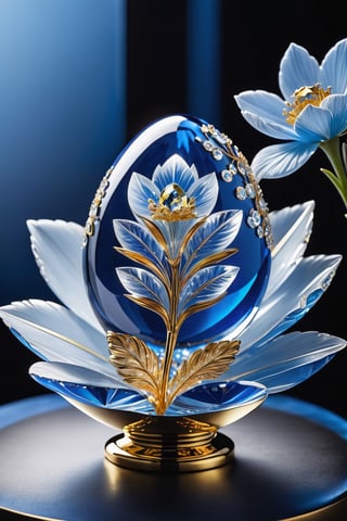  crystal sculpture in the shape of a European gold dimond egg on a crystal blue flower, in spring. shine crystal 