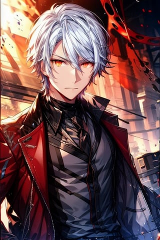 solo, looking at viewer, short hair, bangs,Orange eyes, shirt, 1boy, hair between eyes, closed mouth, white hair, red jacket, upper body, male focus, open clothes, cool, open jacket, , black shirt