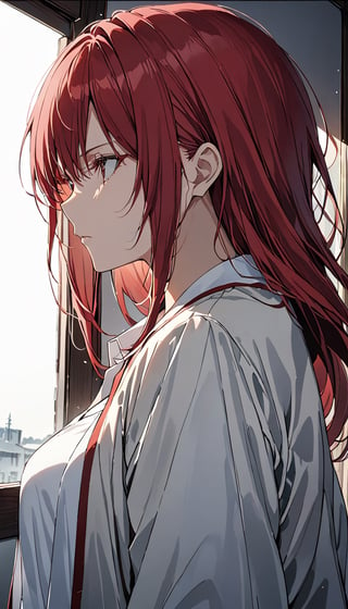 (hisash1mitsui), redish tinted hair, serious, white shirt, open jacket, looking out window, cool shot, semi side view, masterpiece, best quality, ultra high definition, 1080p,kaed3rukawa