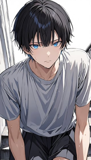 solo, looking at viewer, short hair, bangs, blue eyes, 1boy, white background, black hair, male focus, .. sweat,sick, fake screenshot, sit on stairs ,hisash1mitsui