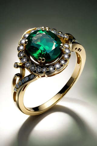A golden wavy ring with a green emerald and small diamonds 