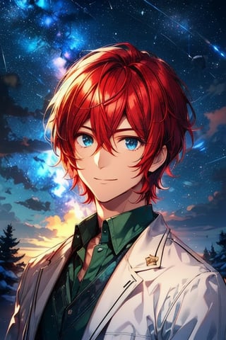 solo, looking at viewer, smile, short hair, bangs, blue eyes, shirt, 1boy, hair between eyes, , closed mouth, jacket, upper body, red hair, male focus, sky, collared shirt, star \(symbol\), green shirt, white jacket, portrait, star \(sky\), starry sky