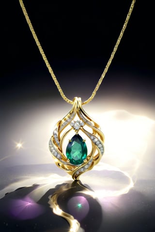 A golden wavy necklace with a purple emerald and small diamonds 