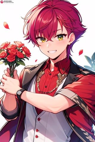 ((best quality)), ((masterpiece)), ((ultra-detailed)), extremely detailed CG, (illustration), ((detailed light)), (an extremely delicate and beautiful), a boy, solo, ((upper body,)), handsome,wear red shirt and white pants ,smile  ,look at the viewer , white background with flowers s,1boy,hold red flowers,Akira_Otori