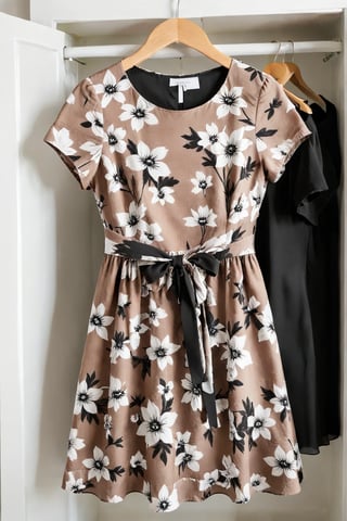 brown dress,with black and white flowers ,short sleeve ,hanging in closet