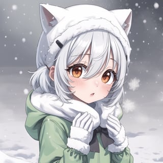 1 girl, closed up on face,, (heavy snowing:1.4), vapor from mouth, silver hair, Orange eyes,hood on head,"small town background"(high quality:1.4),pose feeling cold,(tareme-eyes:1.3), 1:1 portrait,portrait quality,kawaii,wear green dress,play with snow