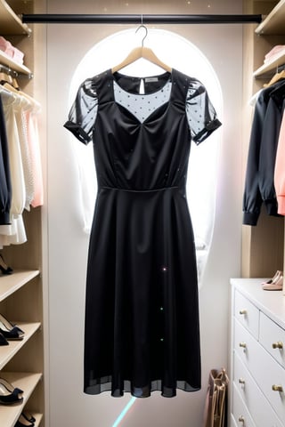 A black dress with small  white stars neon  , short white sleeves, and a transparent handle hanging in a closet