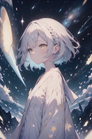 (silver, glimmer)), upper body contrast, phenomenal aesthetic, best quality, sumptuous artwork, (masterpiece), (best quality), (ultra-detailed), (((illustration))), ((an extremely delicate and beautiful)), (detailed light), cold theme, broken glass, broken wall, ((an array of stars)), ((starry sky)), the Milky Way, star, Reflecting the starry water surface,(1girl:1.3), a blonde hair, blinking, yellow dress, closed mouth, constel lation, flat color,braid, blinking, white robe, barefoot, float, flat color, looking up, standing, medium hair, standing, solo, space, universe, Nebula, many stars, fanxing
,GladysManityro,DonMW15p,portrait,firefliesfireflies