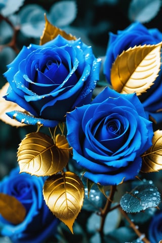 blue roses with gold leaves covered with frost, cold, gold,  unreal engine, depth of field, ultra high quality model, intricate artwork masterpiece, golden ratio, trending on cgsociety, intricate, epic, trending on artstation, 8k, hdr