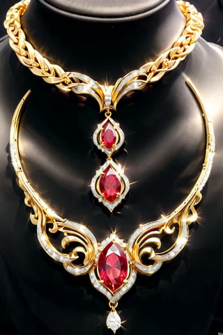 A golden wavy necklace with a red emerald and small diamonds 