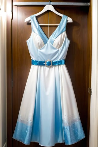 light half light white and half light blue dress with glitter and white belt,glitter, sleeveless, the dress Hanging in the closet