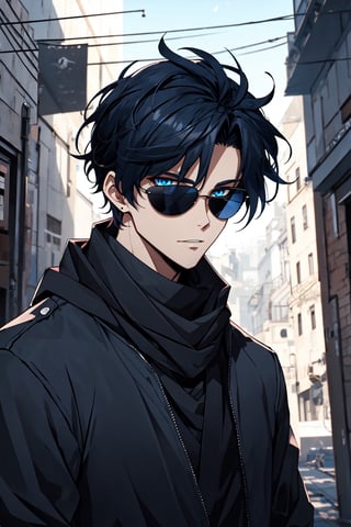 solo, looking at viewer, short hair, blue eyes, black hair, 1boy, , closed mouth, jacket, upper body, male focus, scarf, blurry, black shirt, sunglasses, blue scarf, fake screenshot