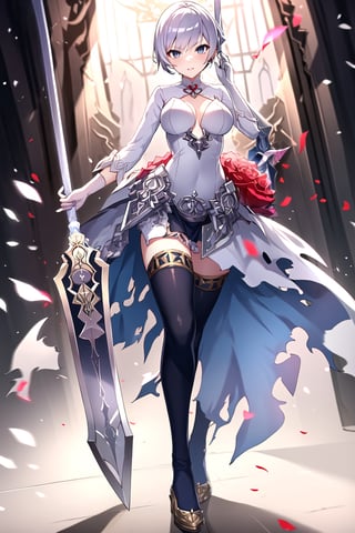 snowwhite, white hair, grey eyes, white torn dress, thighhighs, flower, black stockigns, wielding one sword, looking at viewer,(dynamic pose), at white cathedral, full body, depth of field,  dynamic light,best quality ,masterpiece 