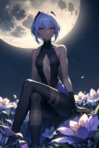 Serenity, dark-skinned female, skiyyn body, Default, SerenityOutfit Prototype Outfit, showing her foots, from front foot focus, vibrant colors, sitting on a field of flowers at night in the moonlight, masterpiece, sharp focus, best quality, depth of field, cinematic lighting