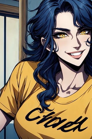 only head, frontal view, 1girl, dark blue Hair , wavy, misheveled, yellow eyes, raised eyebrow, side smile, beatiful, red tshirt, she is facing camera
masterpiece, high details, contrast, 