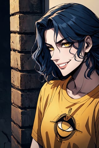 only head, frontal view, 1girl, dark blue Hair , wavy, misheveled, yellow eyes, raised eyebrow, side smile, beatiful, red tshirt, she is facing camera
masterpiece, high details, contrast, 