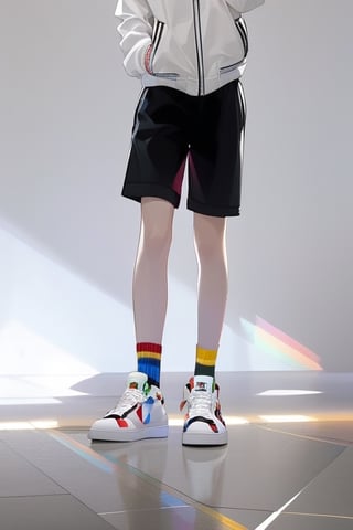 solo, 1boy, standing, jacket, full body, male focus, shoes, shorts, socks, indoors, black shorts, white footwear, white jacket, sneakers, multicolored clothes, hands in pockets, multicolored legwear