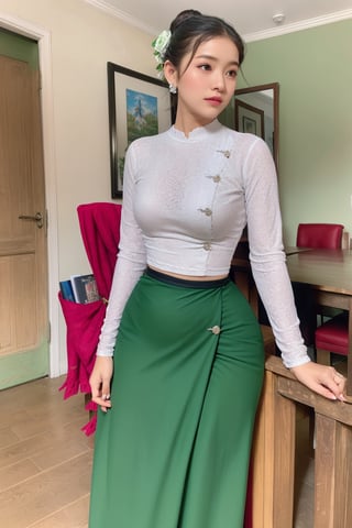 photorealistic, high resolution, masterpiece, best quality ,ultra-detailed, 1women, hair bun , jesmine flower on the head,  mature female, solo, hips up, (wearing acmmsayarma outfit, acmmsayarma white top with buttons, long sleeves), ((acmmsayarma green long skirt)),Myanmar, show butt