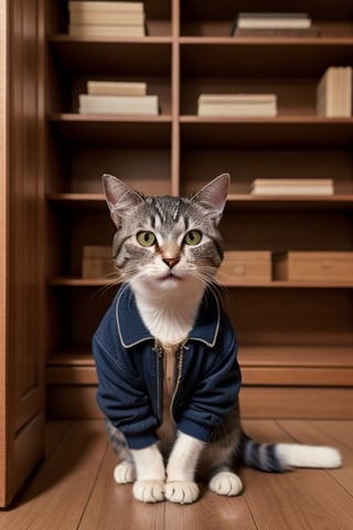 Envision an adorable and playful scene: A cat sits in front of a bookshelf, adorned with glasses and a vintage jacket, resembling an intellectual little princess