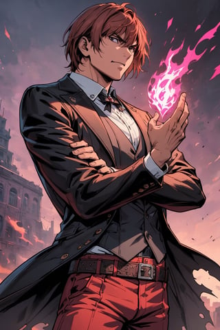 (masterpiece, best quality, highly detailed, ultra-detailed, intricate), illustration, pastel colors, offcial art, realistic, 
KOF style, (YAGAMI:1.3), solo, (1 strong man), (decadent style:1.4), red hair, (wearing red pants), (wearing white_long_shirt that is not tucked into the pants ), ( wearing black_short_Tuxedo:1.2) , (a lether belt on knee), (wearing a black necklace),a purple fire on the opened hand, fighting pose,
(upper_body), (serious face), 
sideview, super detail face,comic book, enchanced_color, ,portraitart,brccl