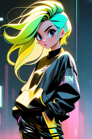 dark gothic cyberpunk woman, defiant face, pastel colors, in clothes, colorful hair, light yellow sweatshirt, pants, black